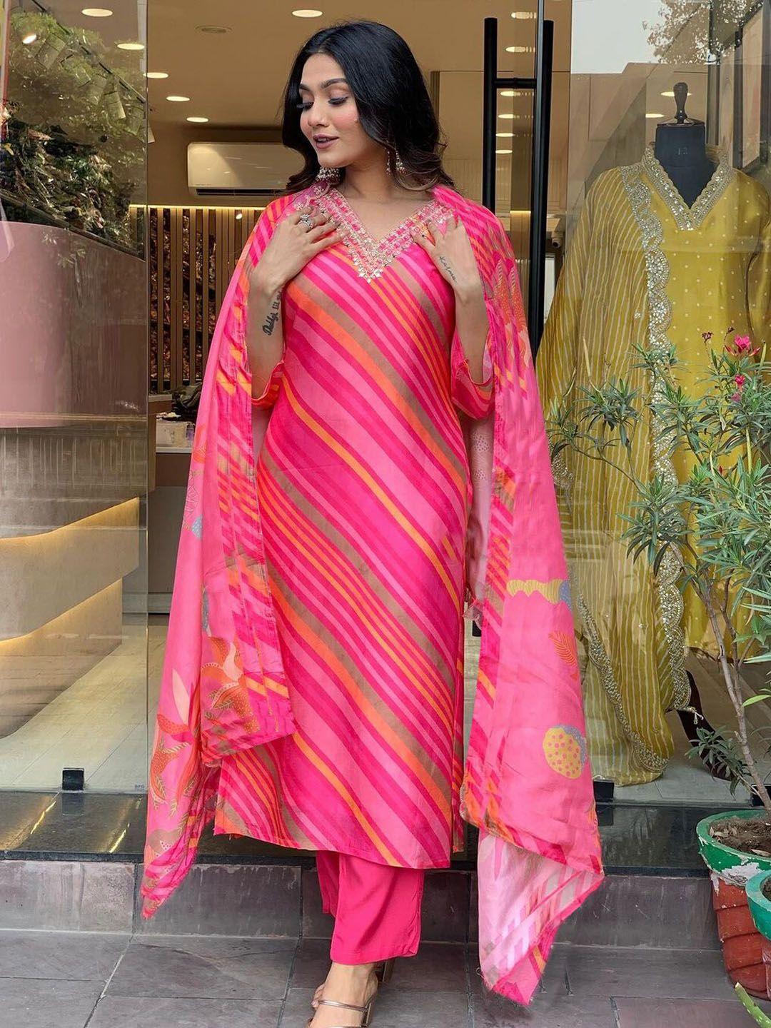 kalini striped thread work detailed straight kurta & trouser with dupatta