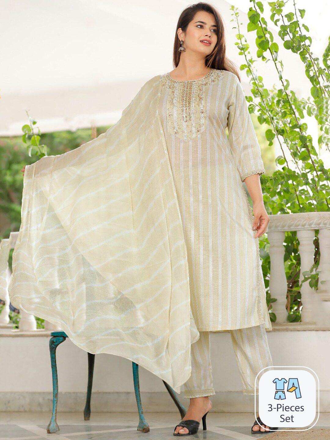 kalini striped thread work kurta with trousers & dupatta