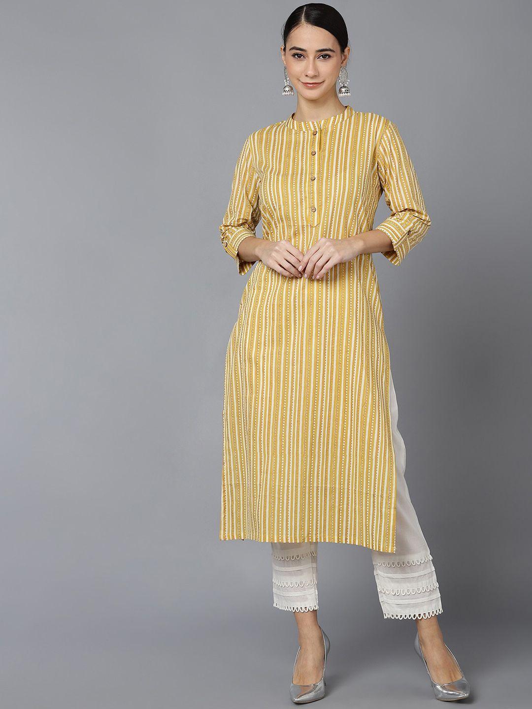 kalini striped thread work mandarin collar cotton kurta