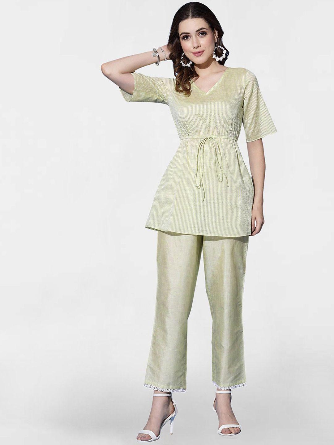 kalini striped v-neck pastels a-line kurti with trousers