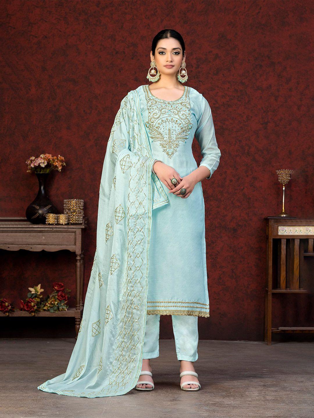 kalini teal & blue embroidered unstitched dress material