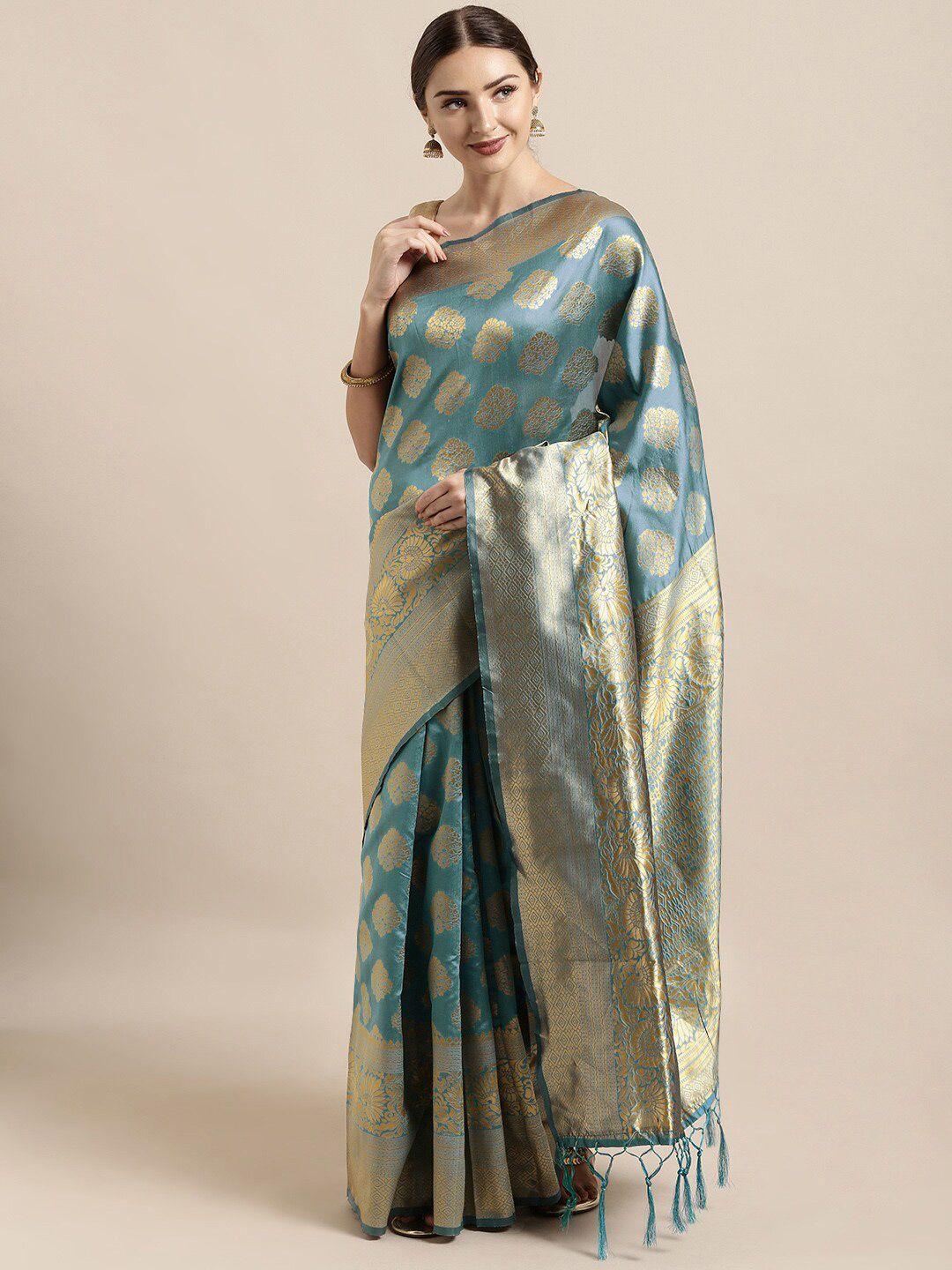kalini teal & gold-toned woven design zari silk blend banarasi saree