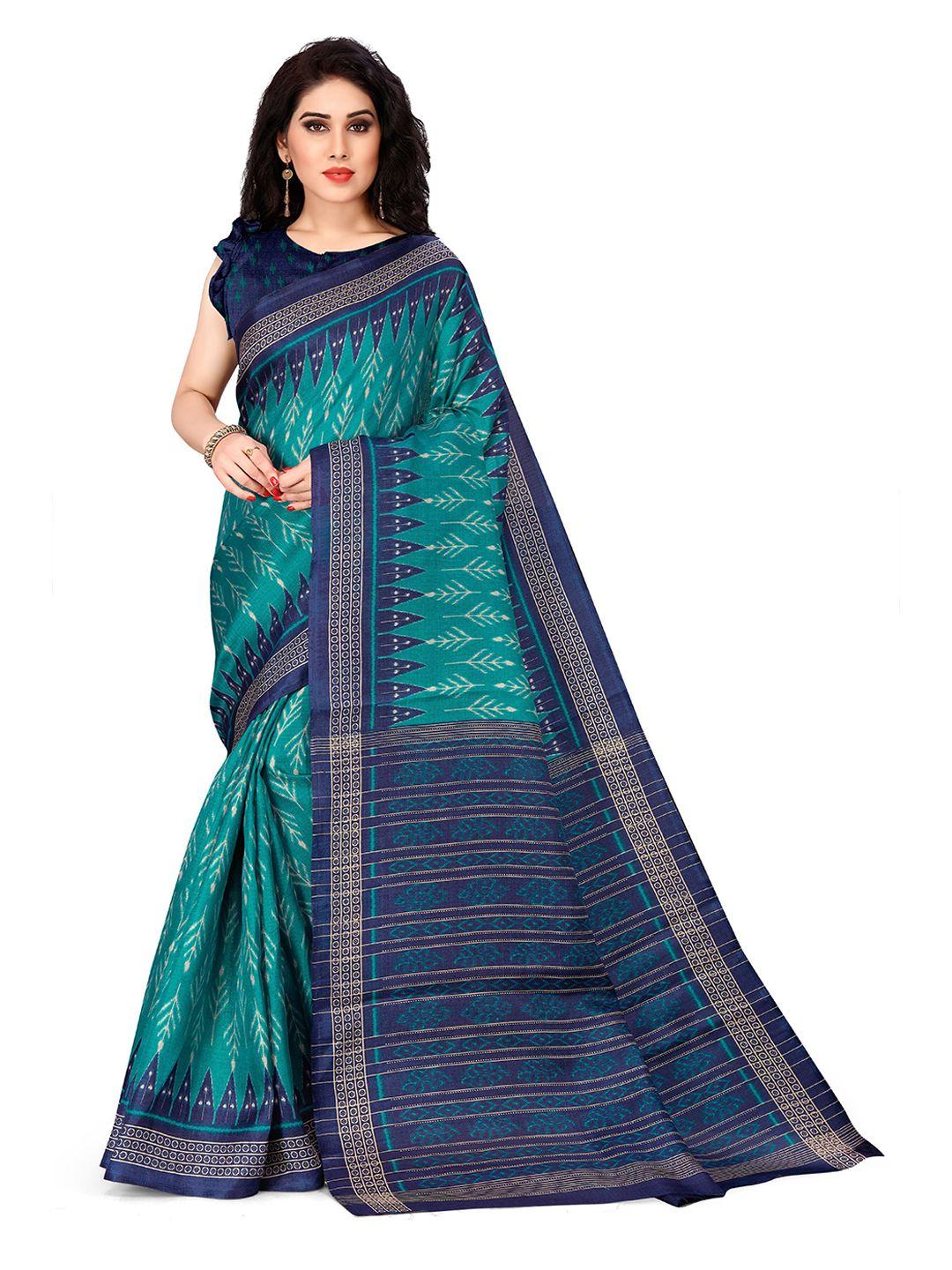 kalini teal blue art silk printed saree