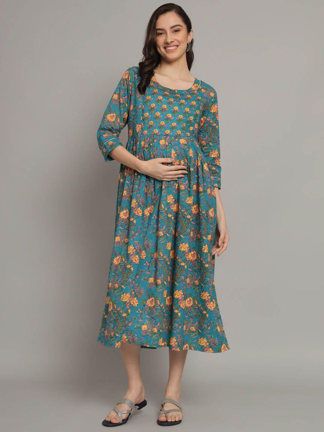 kalini teal floral print maternity a-line midi dress