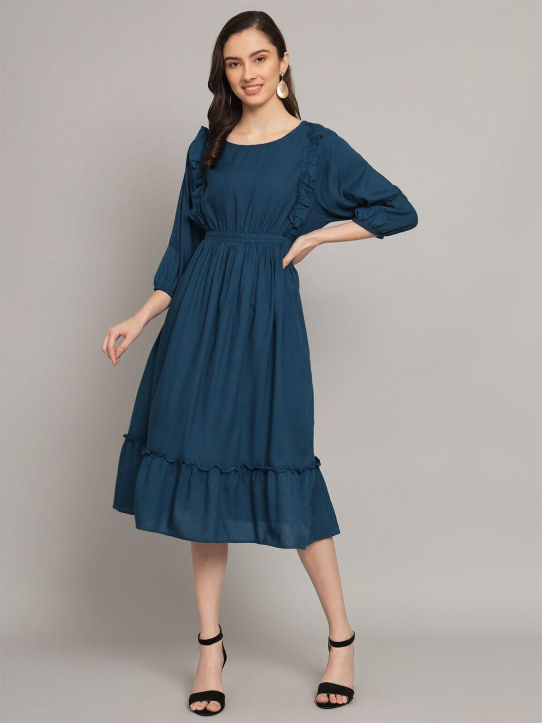 kalini teal puff sleeve fit & flare midi dress