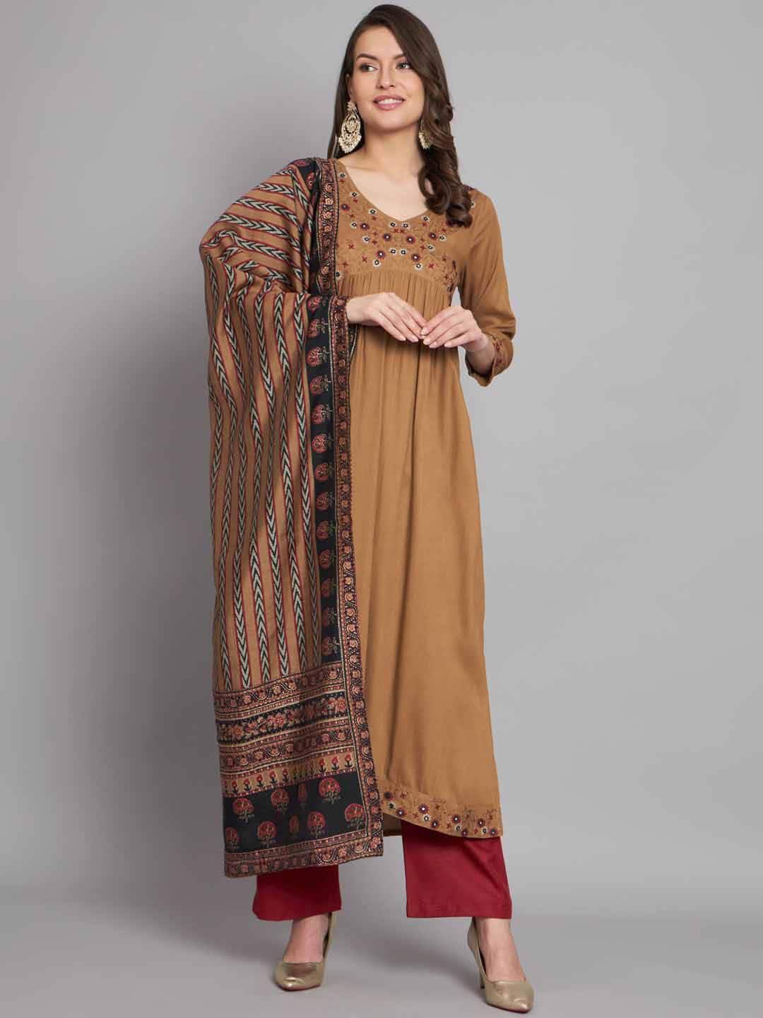 kalini thread work v-neck a-line kurta & dupatta set