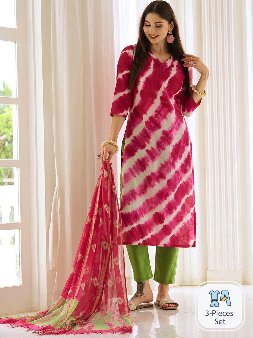 kalini tie & dye printed regular kurta with trousers & dupatta