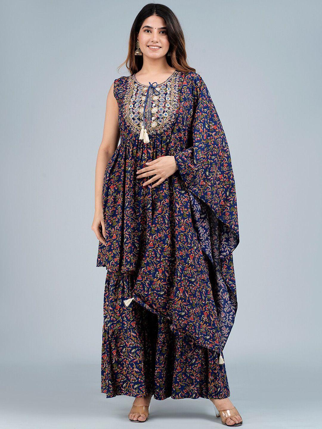 kalini tie-up neck ethnic motifs printed thread work a-line kurta with sharara & dupatta