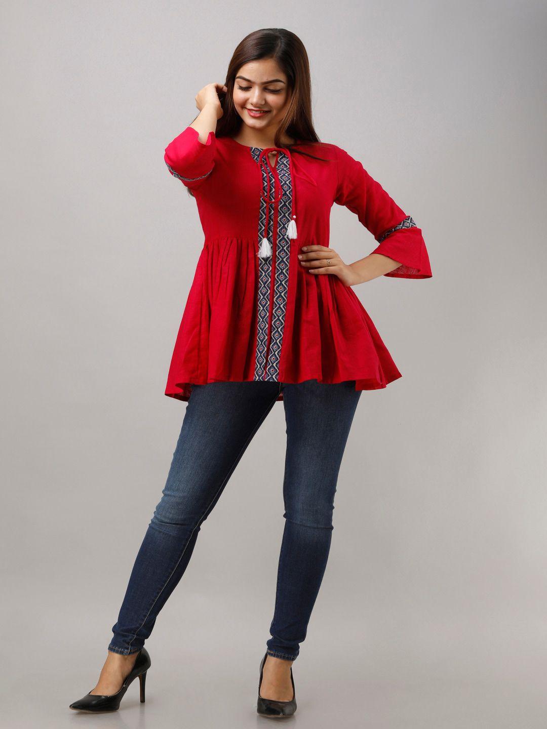 kalini tie-up neck katha print a-line top