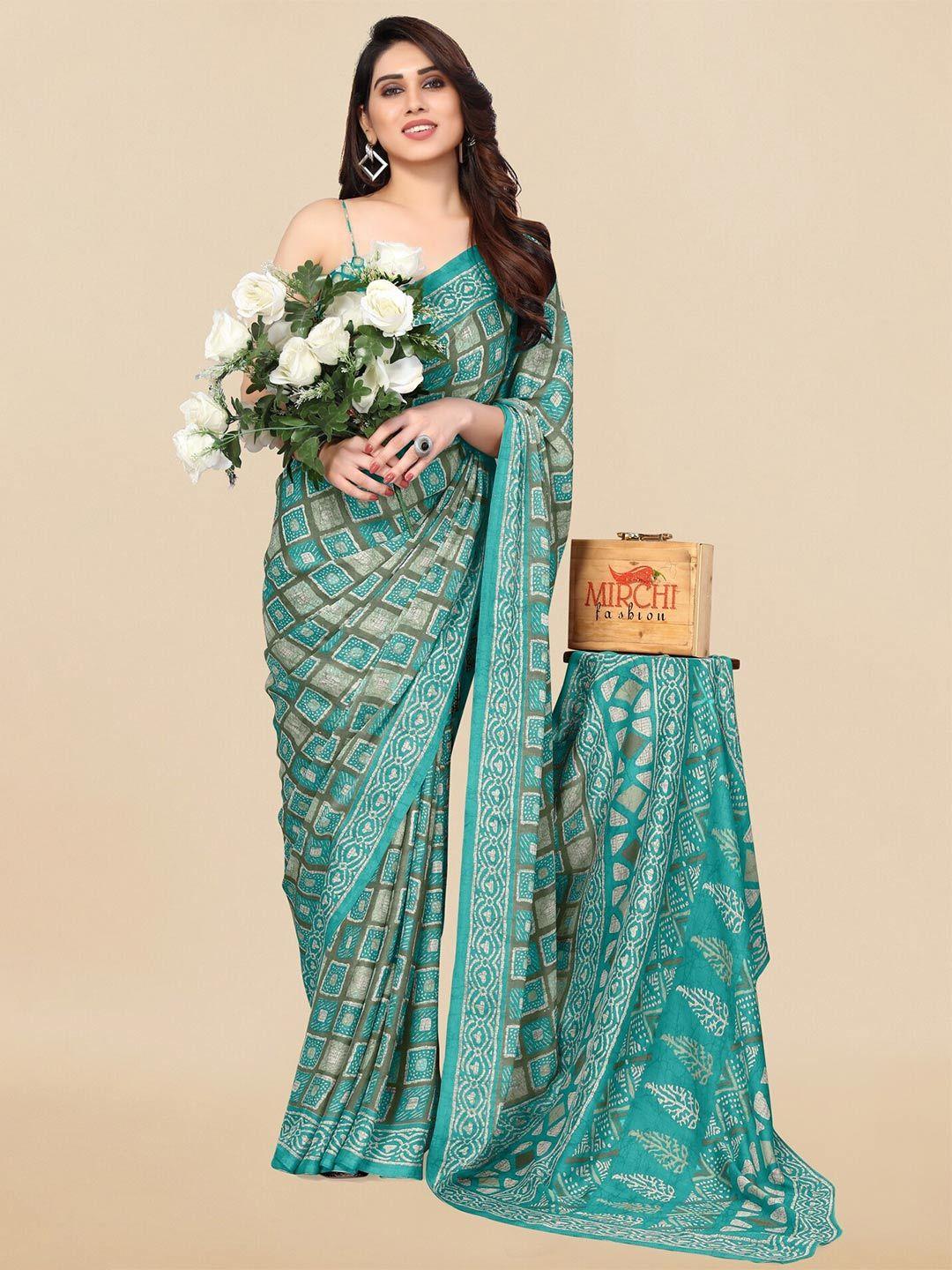 kalini turquoise blue & beige colourblocked chiffon block print saree