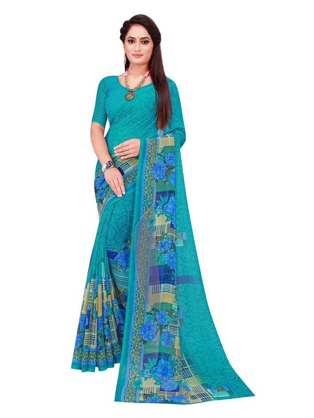 kalini turquoise blue & beige floral printed saree