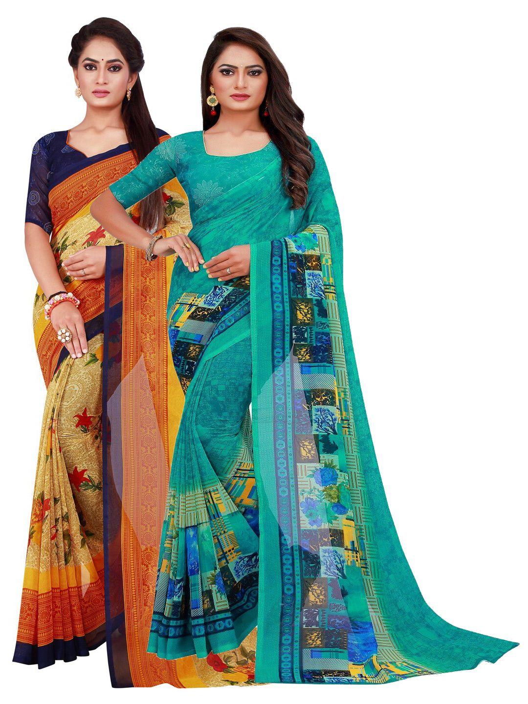 kalini turquoise blue & beige set of 2 floral pure georgette saree