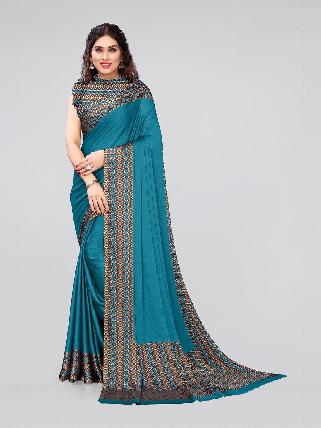 kalini turquoise blue & brown solid printed border chiffon saree