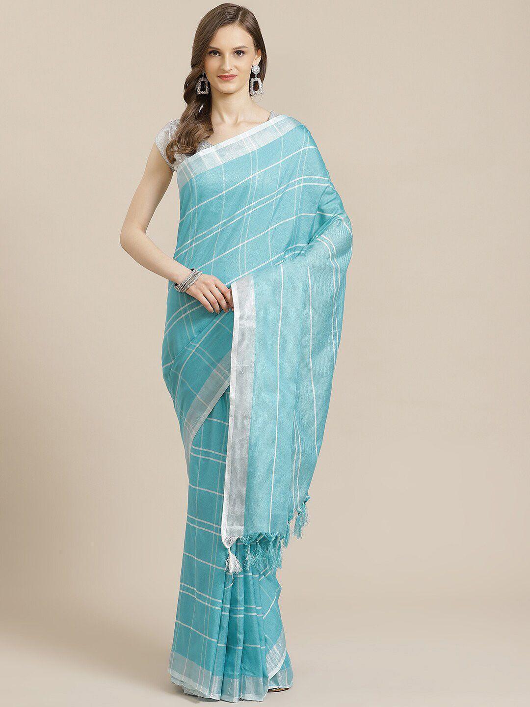 kalini turquoise blue & white checked pure cotton  saree