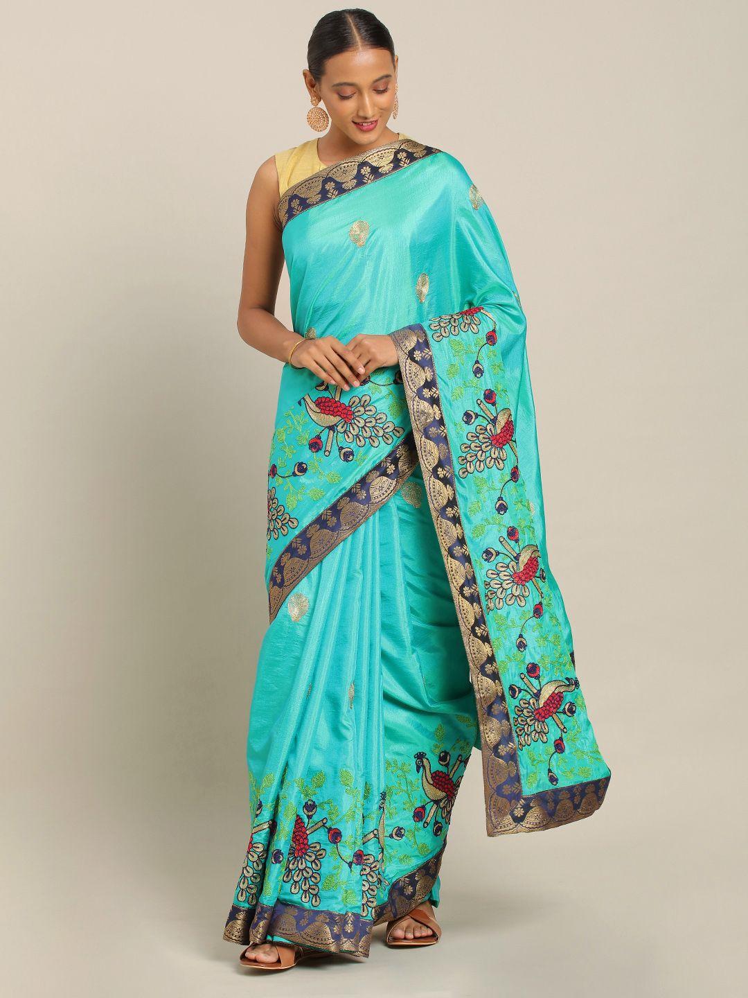 kalini turquoise blue embroidered silk blend saree