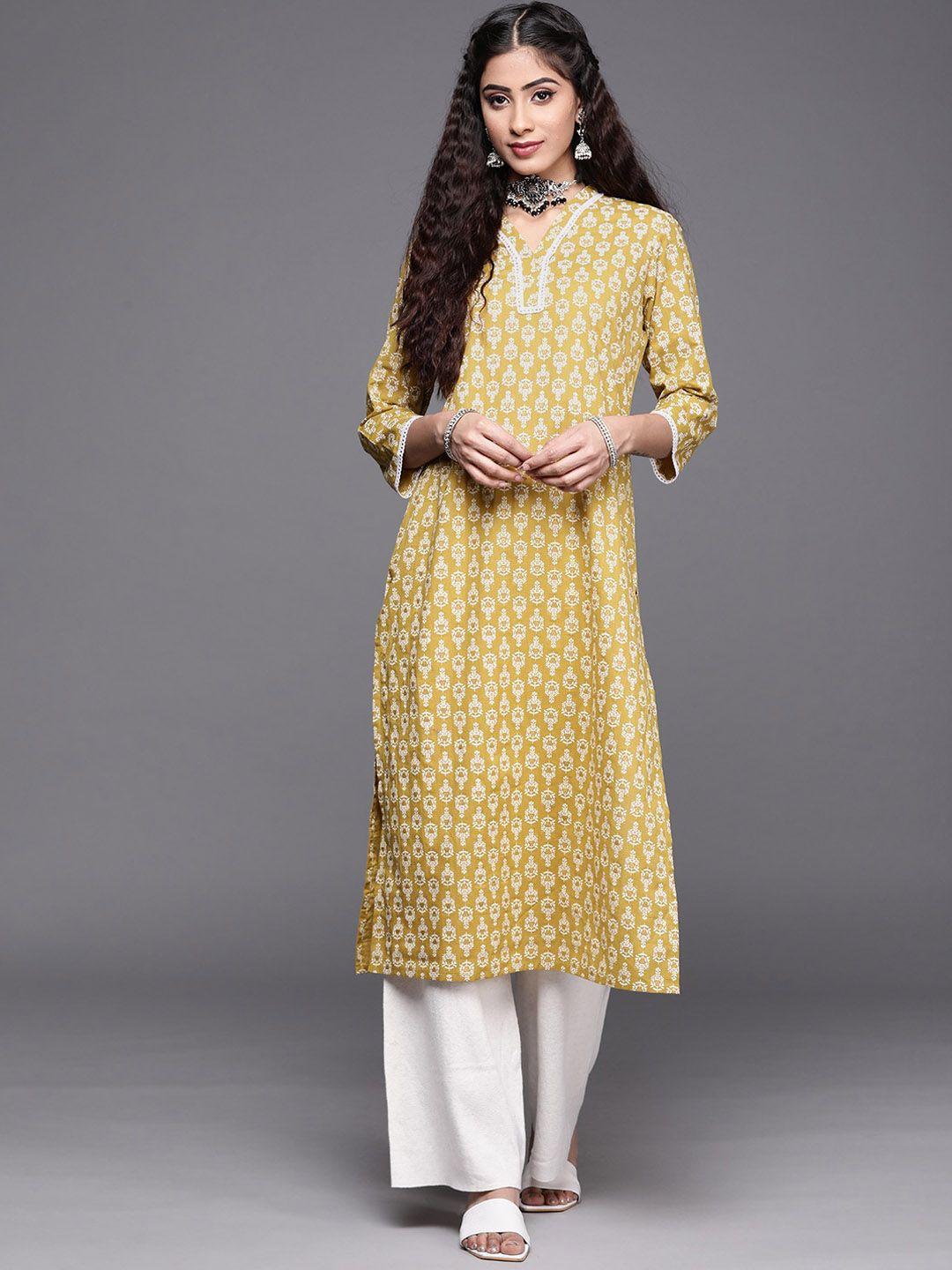 kalini v-neck ethnic motifs printed straight cotton kurta