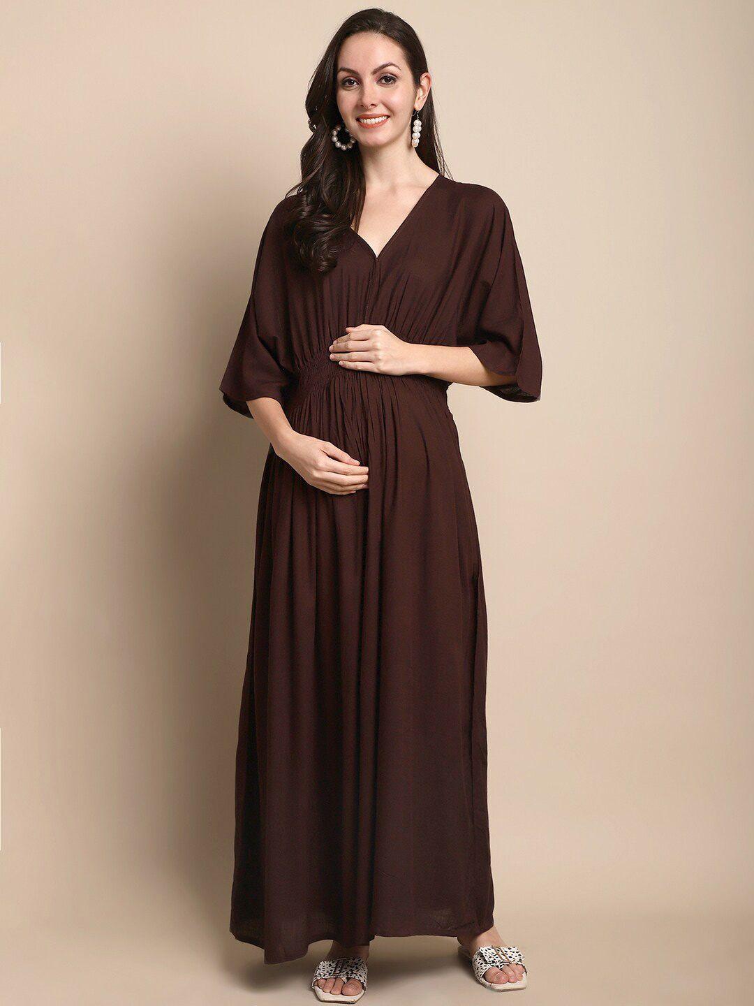 kalini v-neck extended sleeves smocked detail maternity fit and flare maxi dress