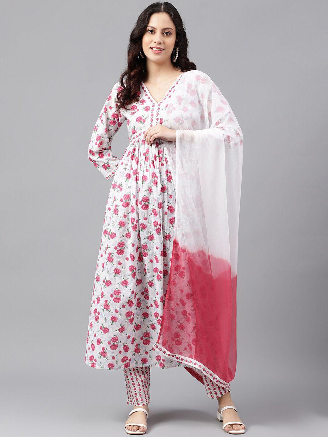 kalini v neck floral printed empire pure cotton kurta & palazzos with dupatta