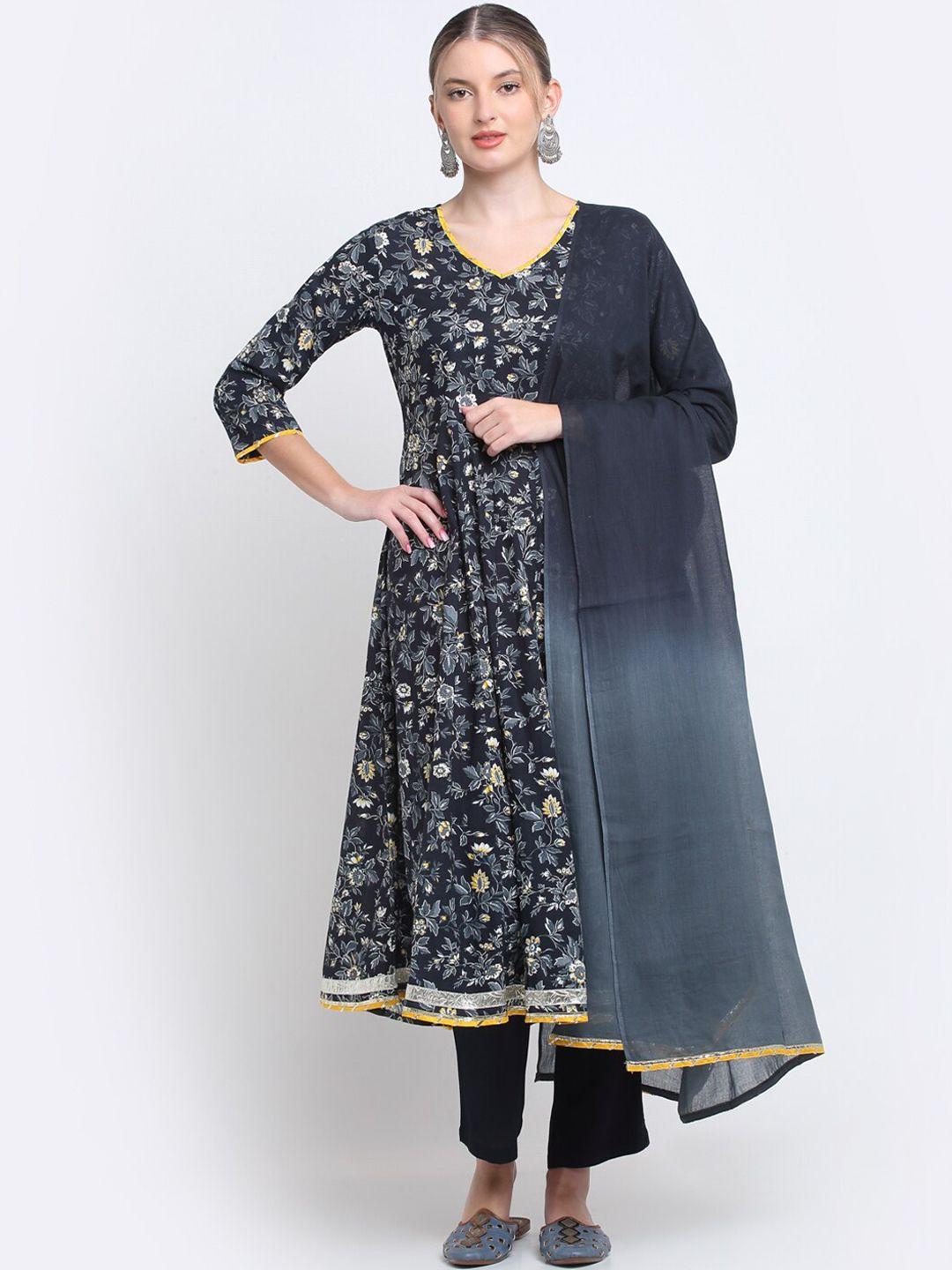 kalini v-neck floral printed pure cotton anarkali kurta with trousers & dupatta