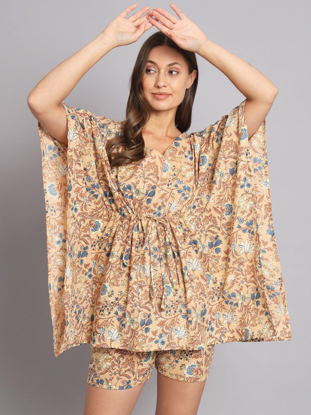 kalini v neck floral printed pure cotton kaftan top with shorts co-ords