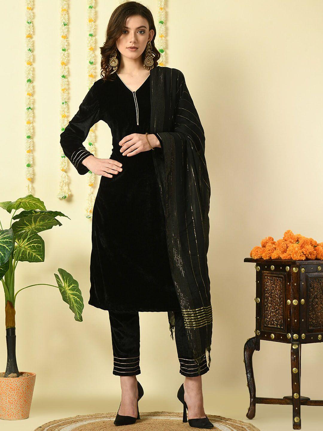 kalini v-neck gotta patti detailed velvet straight kurta & trouser with dupatta