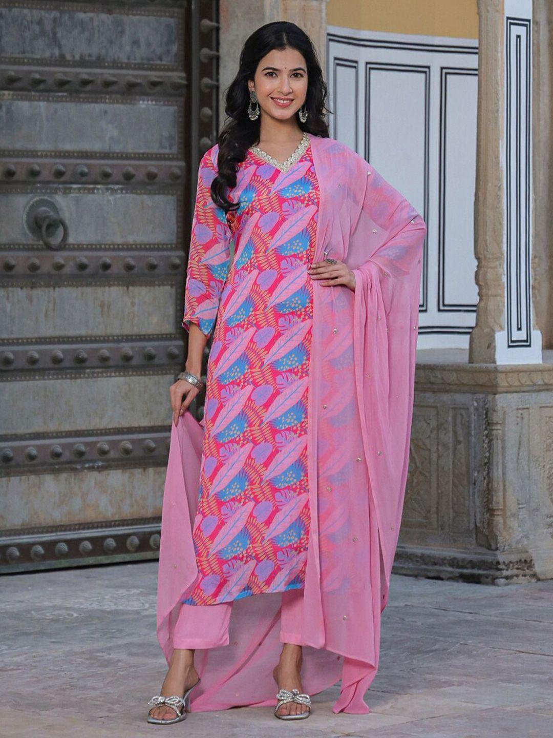 kalini v-neck gotta patti floral print straight kurta with trousers & with dupatta