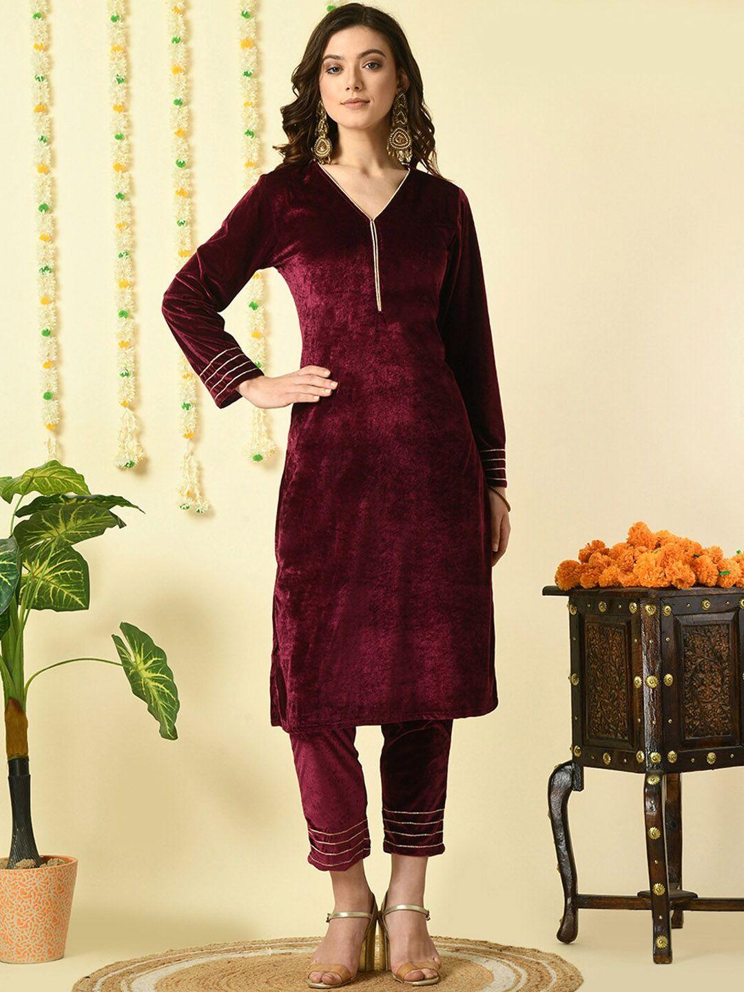 kalini v-neck velvet kurta with trousers & dupatta