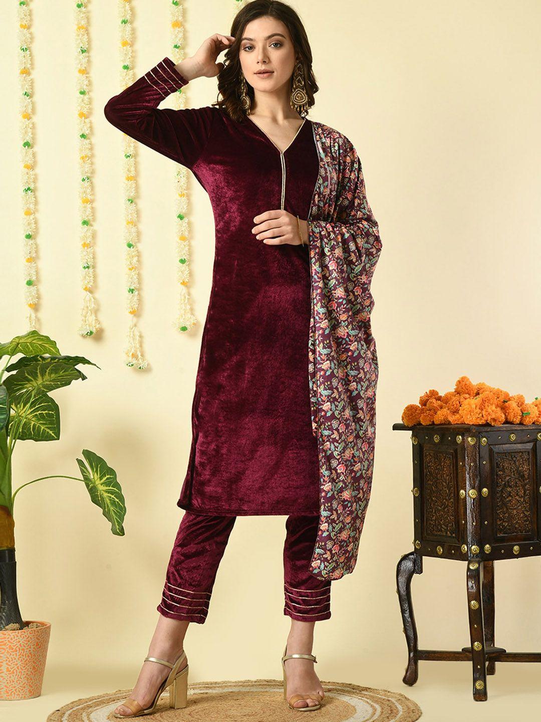 kalini v-neck velvet kurta with trousers & dupatta