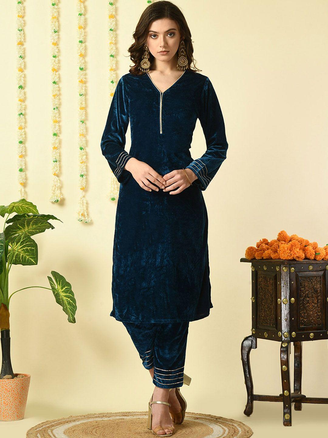 kalini v-neck velvet straight kurta with trousers