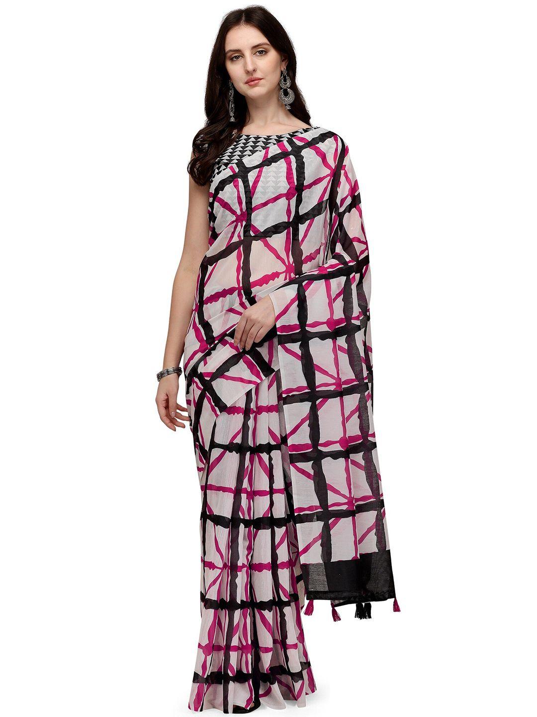 kalini white & black linen blend block print saree