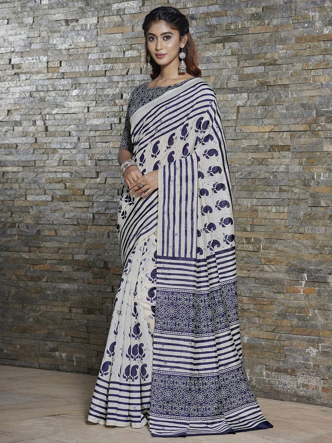 kalini white & blue ethnic motifs art silk bagh saree