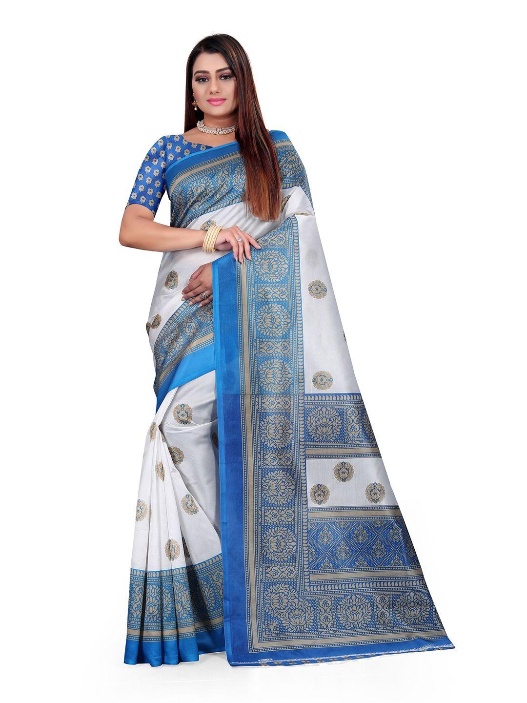 kalini white & blue ethnic motifs art silk half and half mysore silk saree