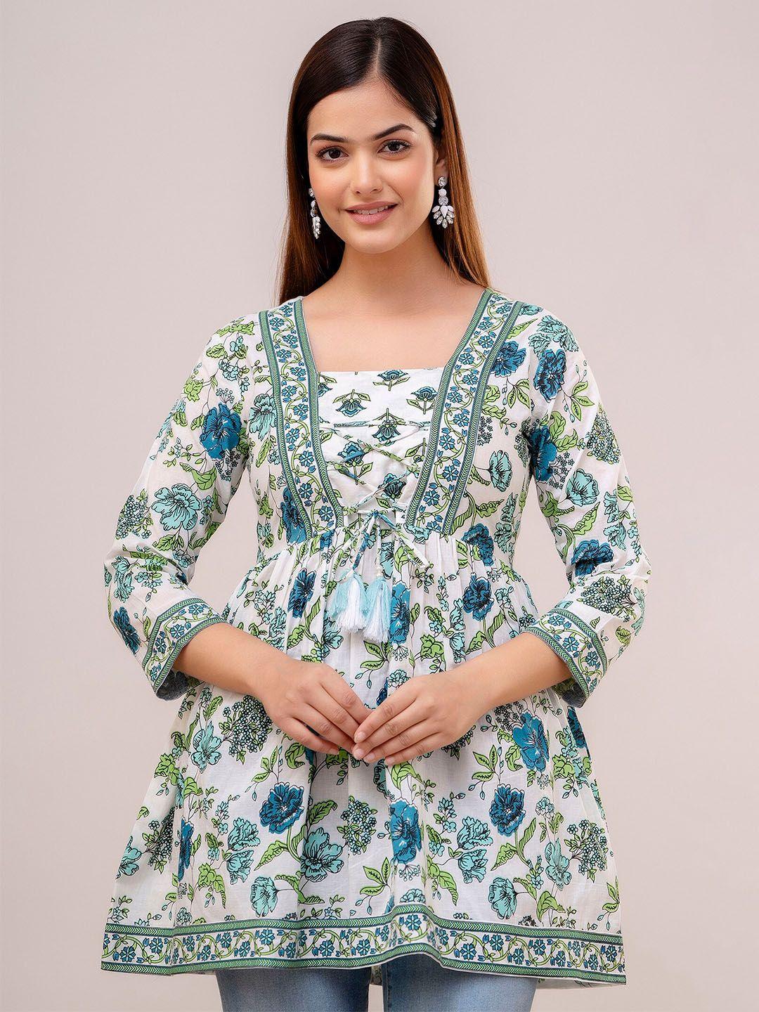 kalini white & green floral printed square neck thread work pure cotton thread work kurti