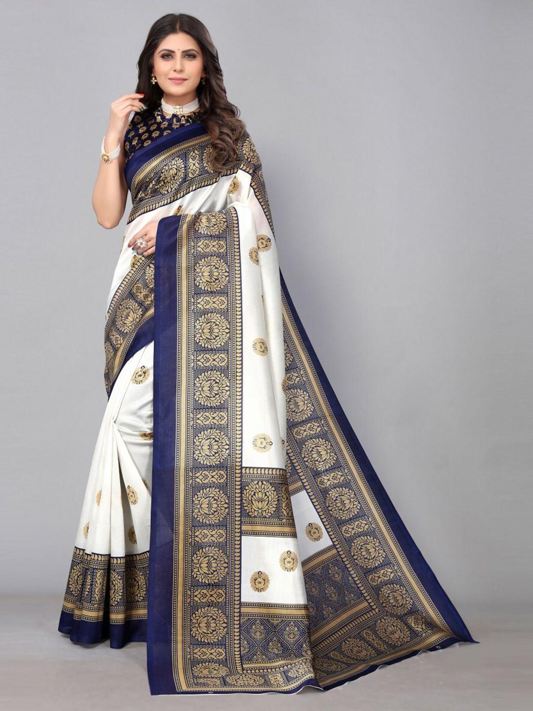 kalini white & navy blue ethnic motifs art silk saree