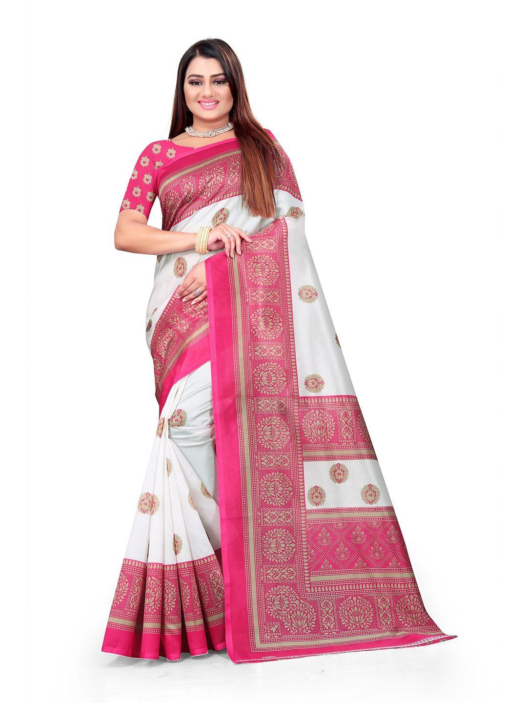 kalini white & pink ethnic motifs art silk mysore silk saree