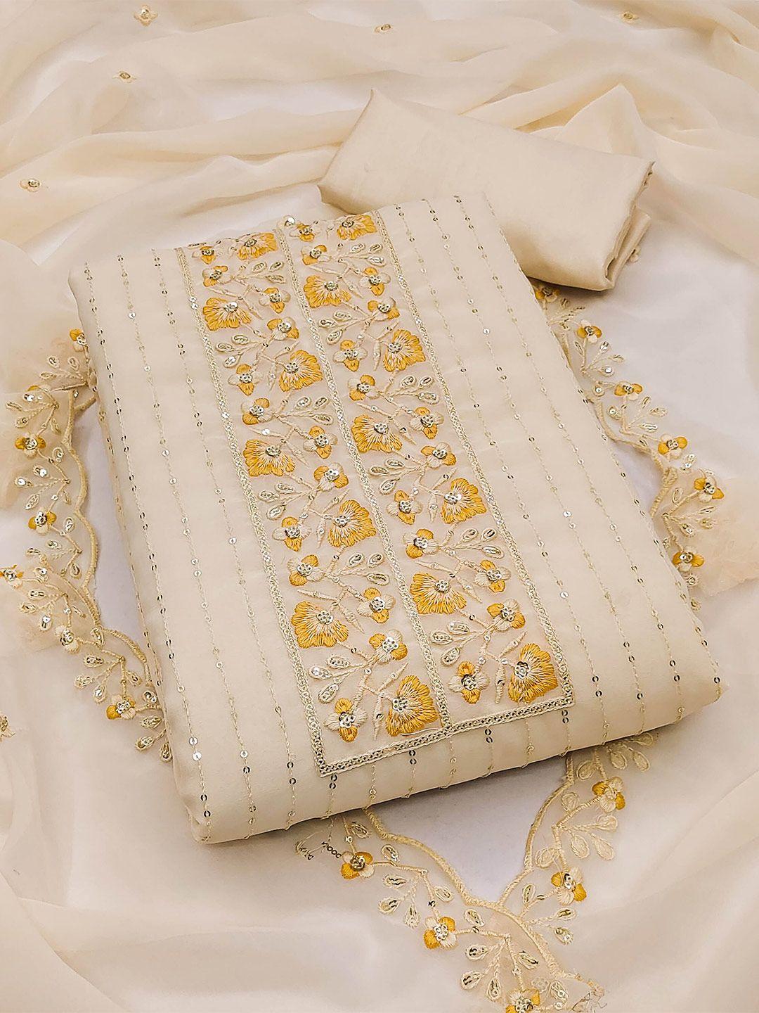 kalini white & yellow embroidered silk georgette unstitched dress material