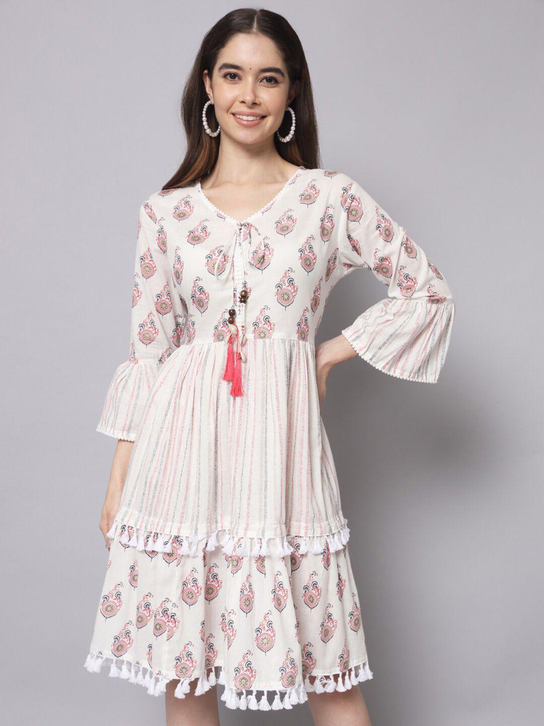 kalini white floral print tie-up neck bell sleeve fit & flare dress
