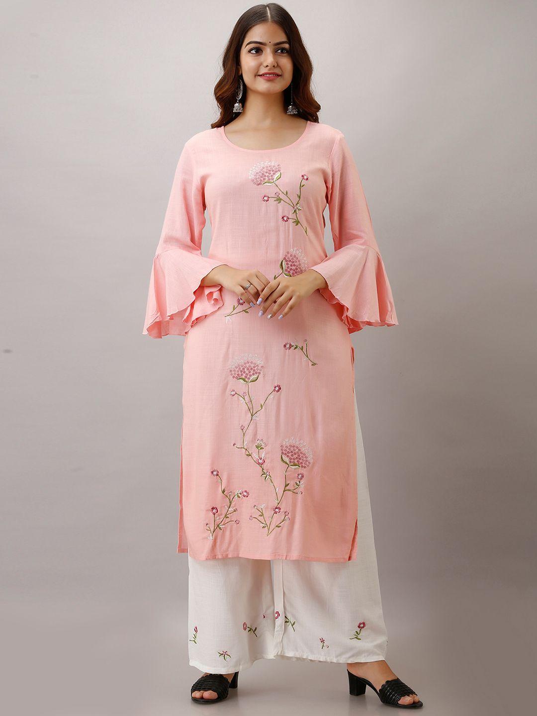 kalini women's peach-coloured floral embroidered layered kurti with palazzos