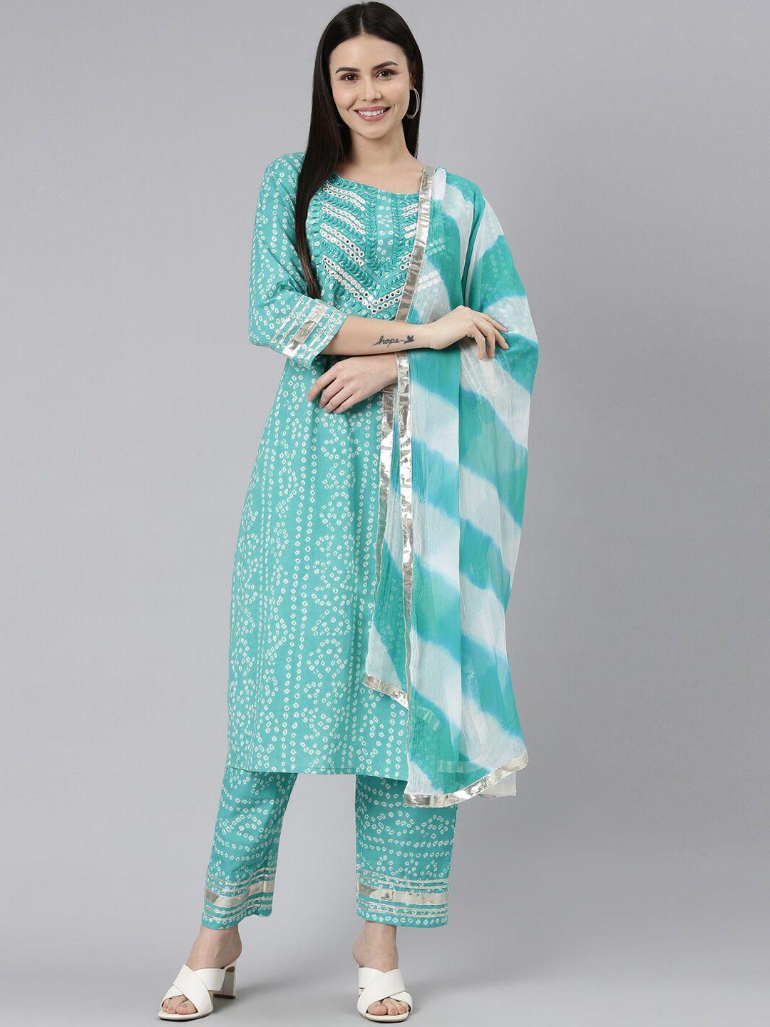 kalini women bandhani printed mirror work pure cotton kurta & trousers with dupatta