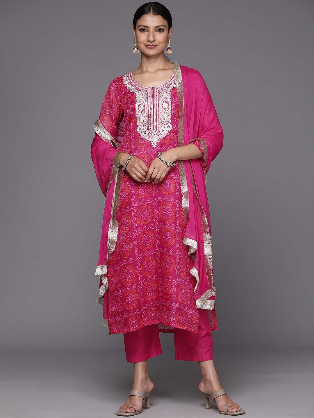 kalini women bandhani printed regular thread work kurta with trousers & with dupatta