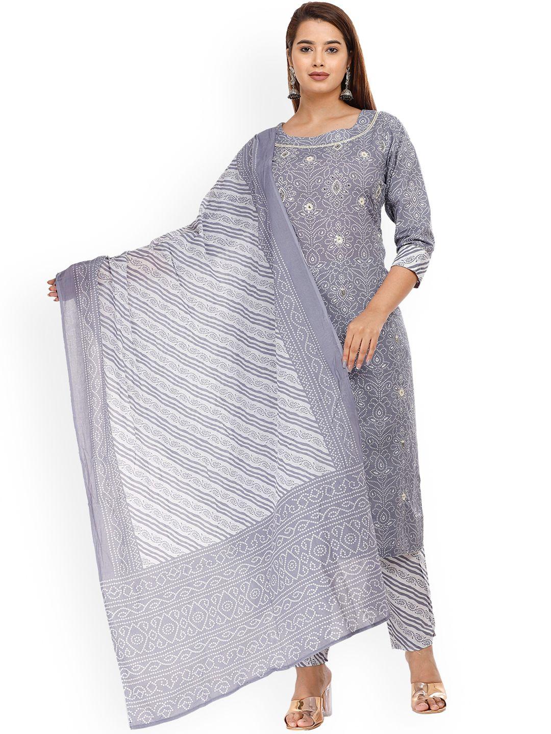 kalini women bandhani printed thread work pure cotton kurta with trouser & dupatta