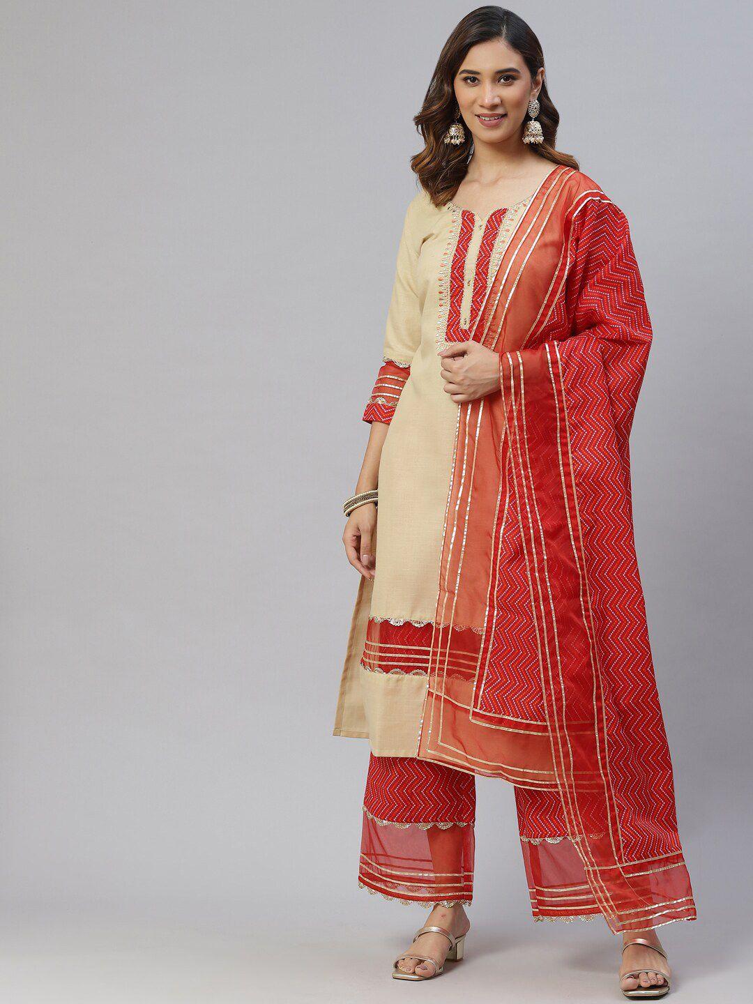 kalini women bandhani yoke design gotta patti  kurta with palazzos & dupatta