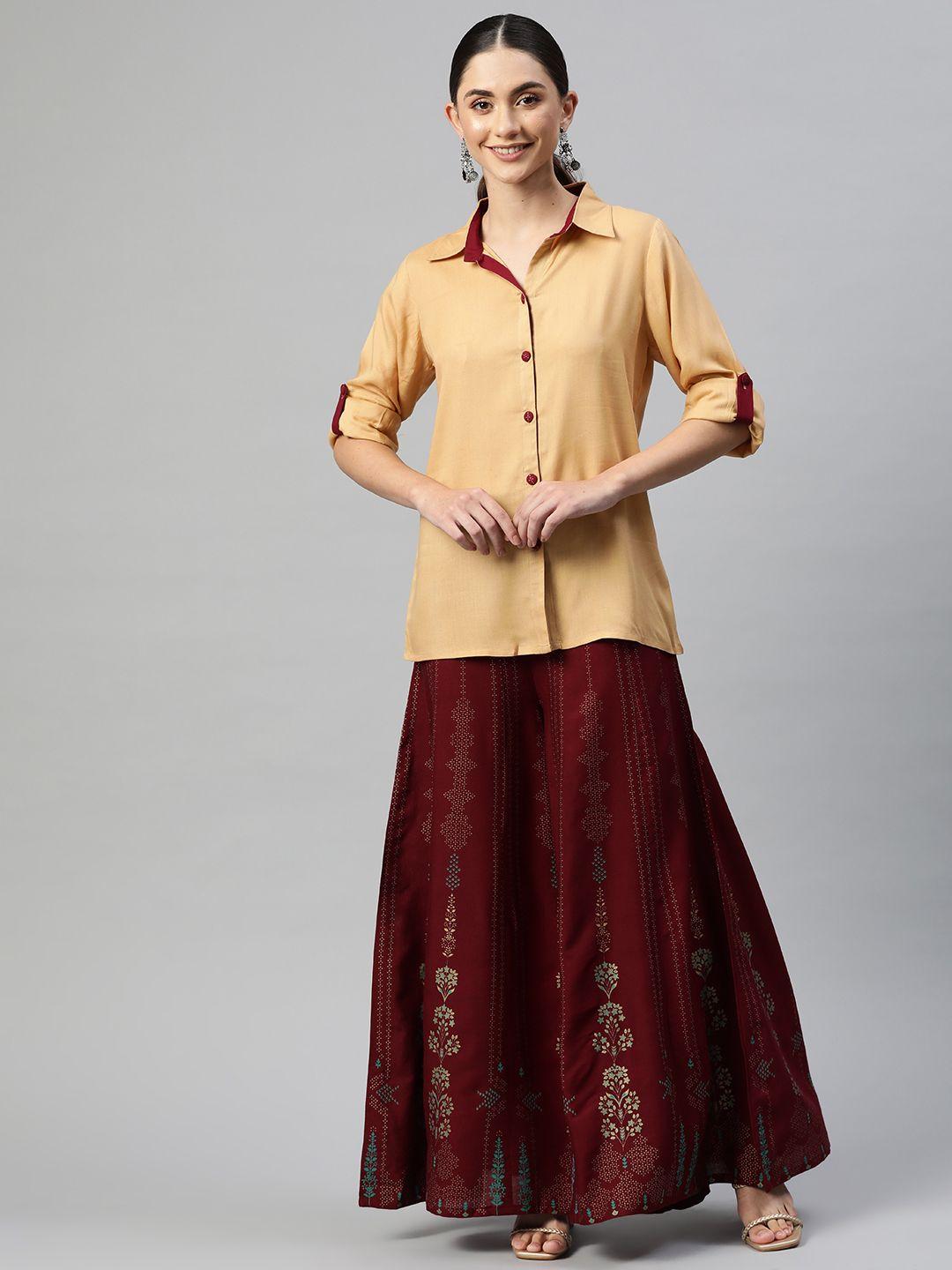 kalini women beige & maroon shirt with palazzos