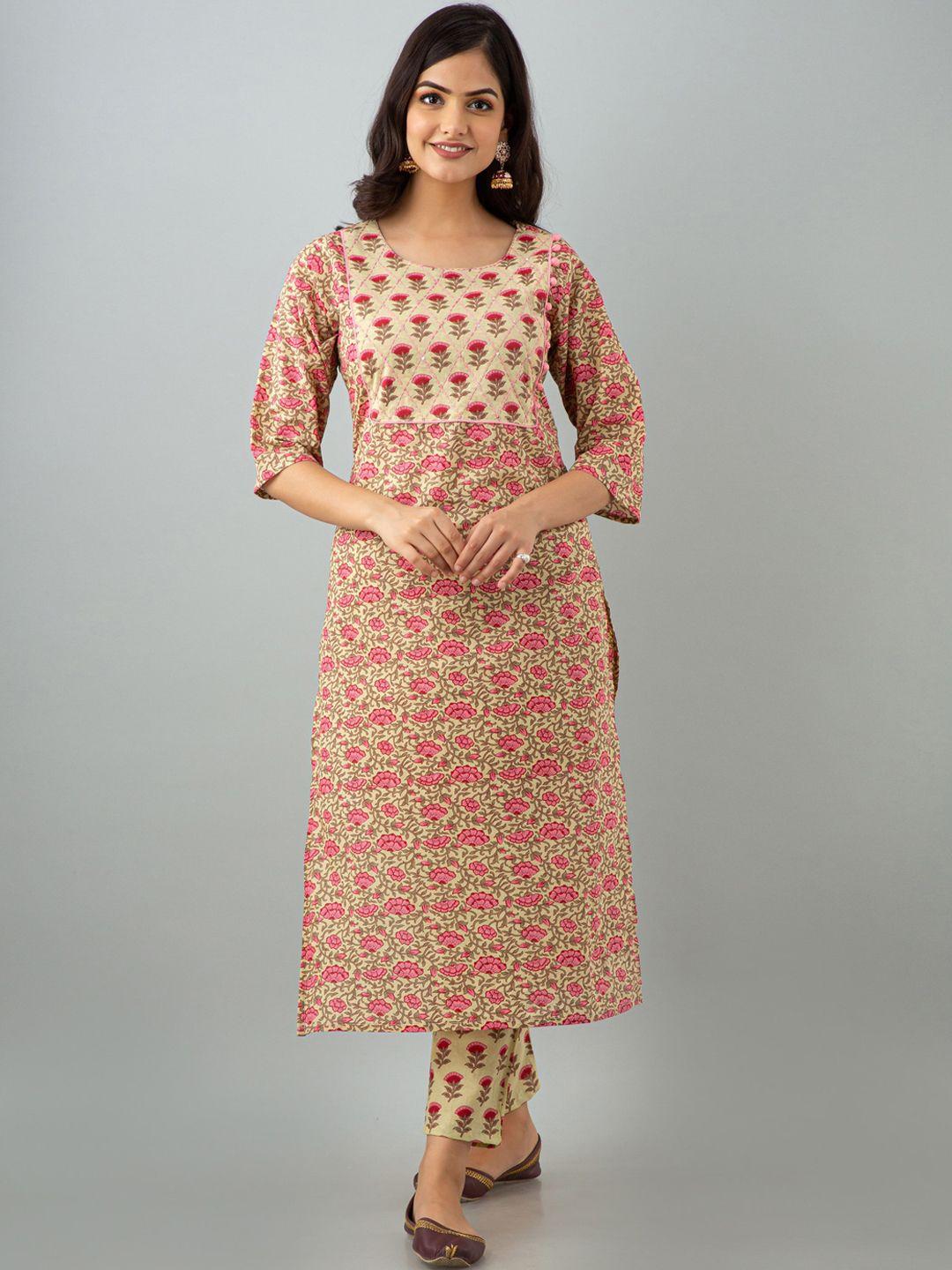 kalini women beige & red floral printed pure cotton kurta with palazzos