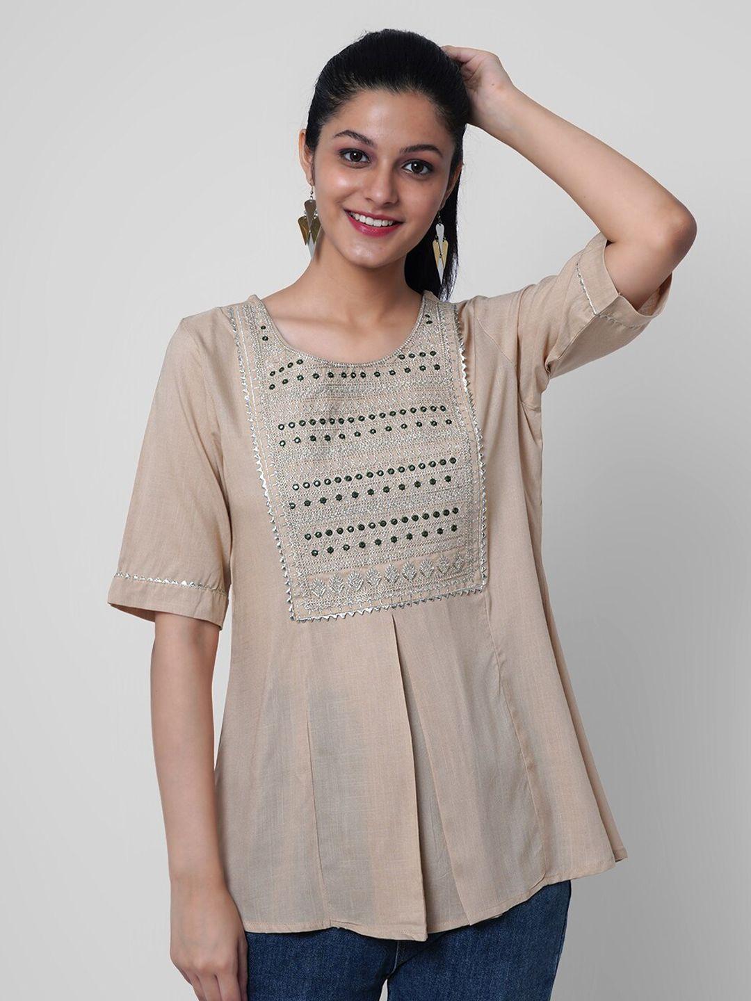 kalini women beige embellished & embroidered top