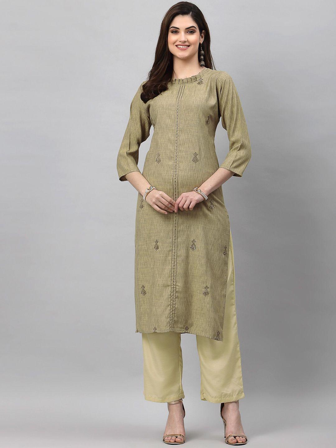 kalini women beige ethnic motifs embroidered cotton kurta