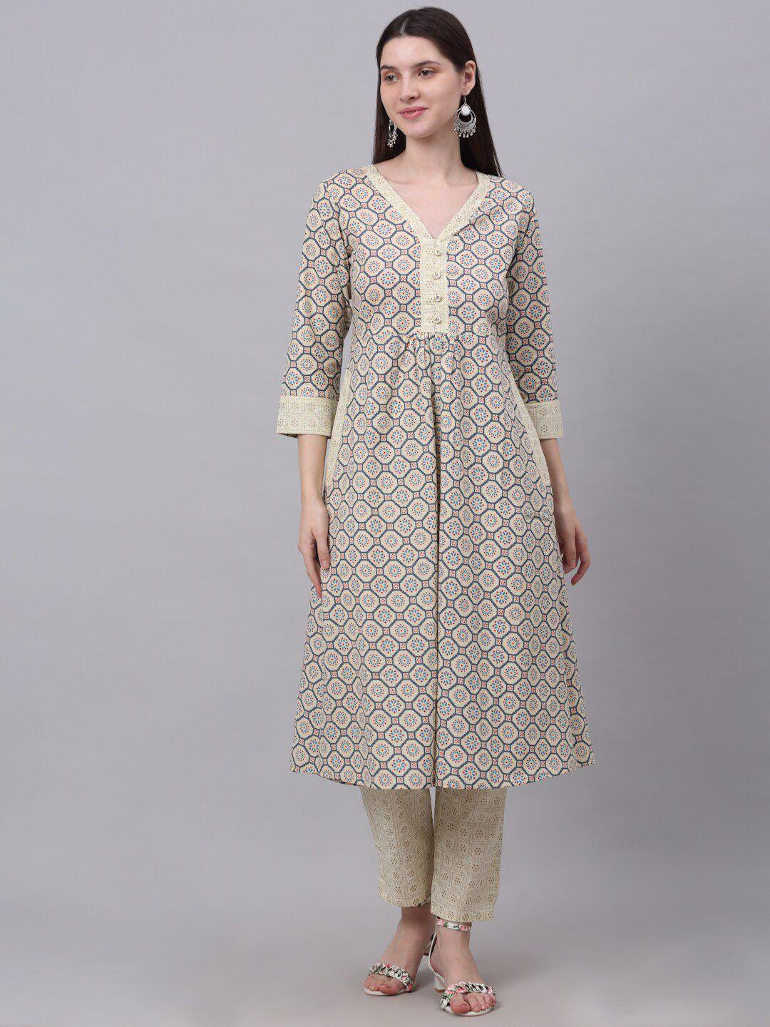 kalini women beige ethnic motifs printed high slit pure cotton kurti with trousers