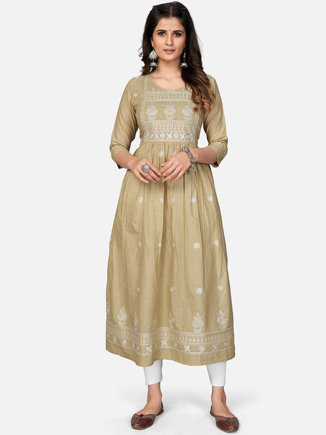 kalini women beige floral embroidered thread work anarkali kurta