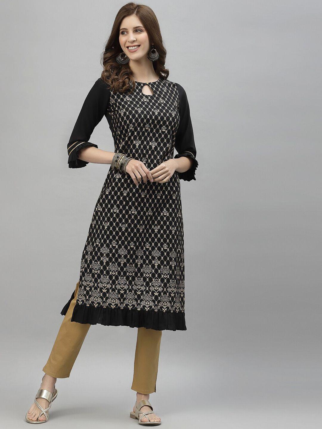 kalini women black & grey geometric printed straight kurta