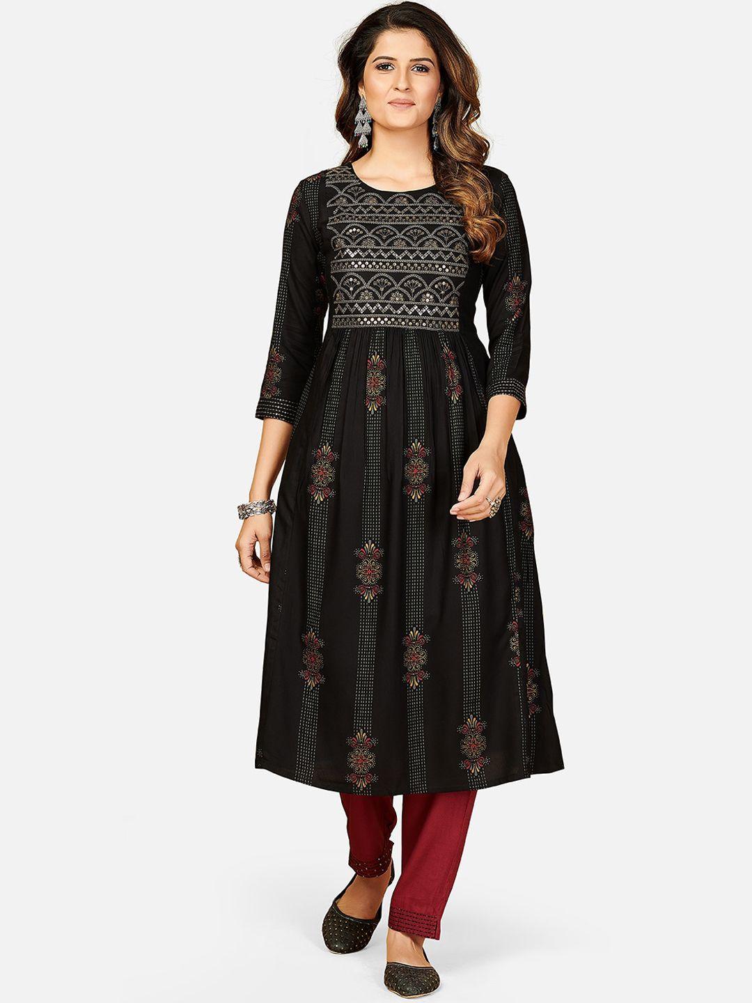 kalini women black & maroon ethnic motifs sequinned kurta with trousers